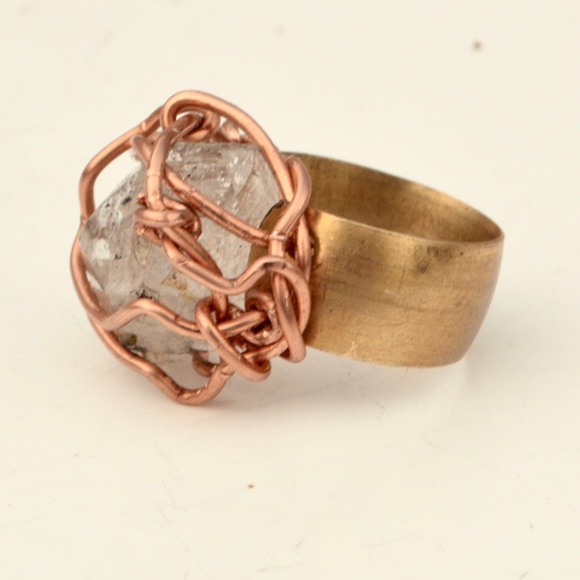 CUSTOM Genuine Herkimer Diamond Quartz Brass Solid Copper Ring Rustic Reiki OOAK - Picture 5 of 7